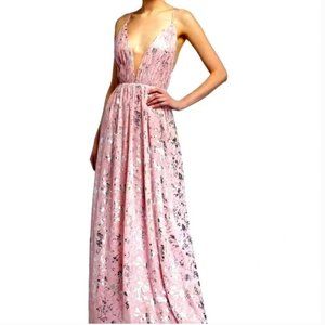 Love by Theia Pink Foil Print Low Back Maxi with Illusion Plunging Neckline